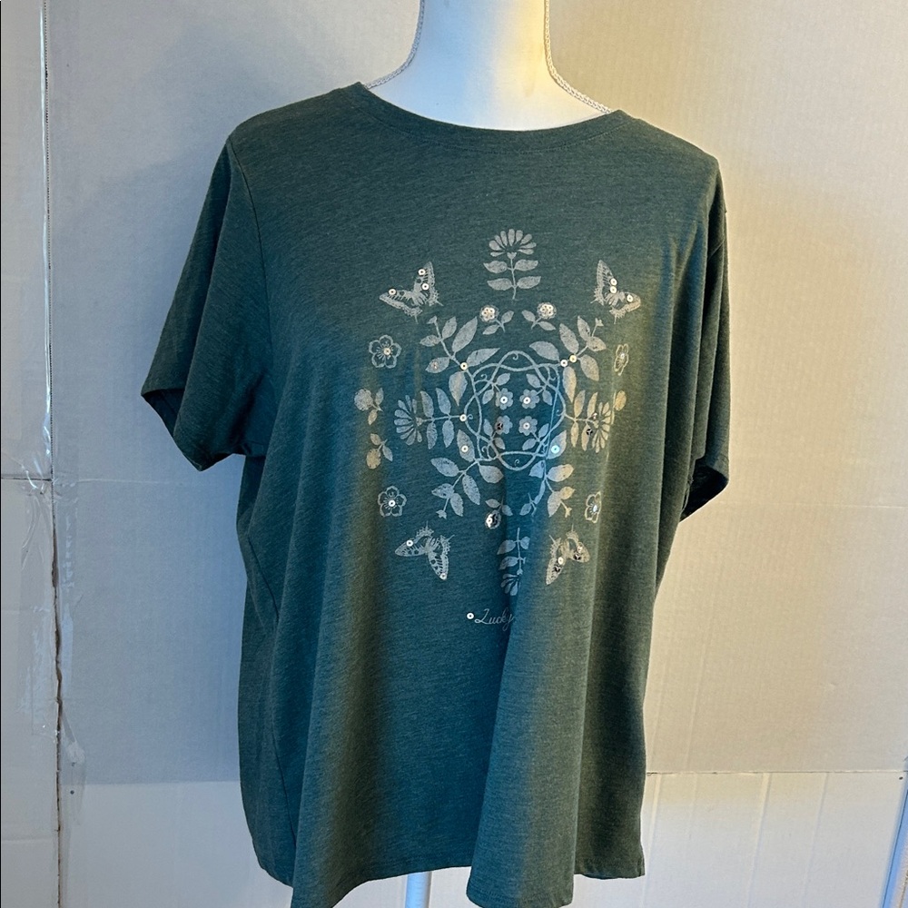 Lucky Brand Short Sleeve Olive Green Graphic Print T-Shirt. Sz 1X